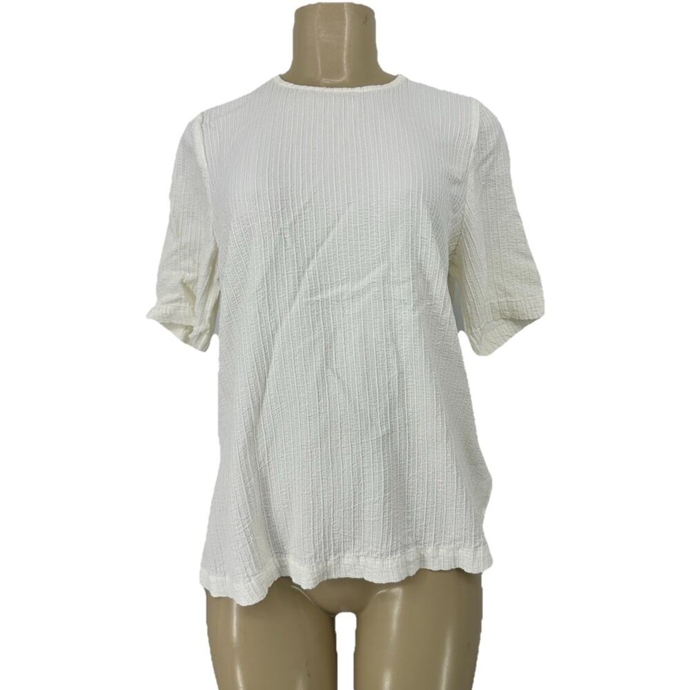 Eileen Fisher Medium Women Ivory Short Sleeve Crinkle Crewneck T-shirt 31-17